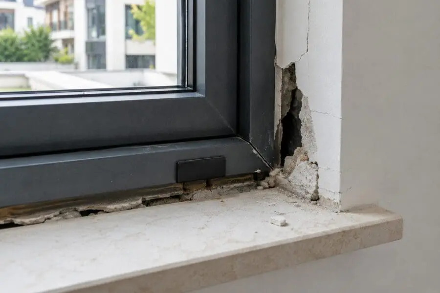 Damaged window installation close-up