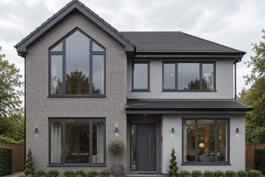 Modern house exterior featuring stylish grey aluminium windows with large glass panels, contemporary architecture and elegant dark window frames.