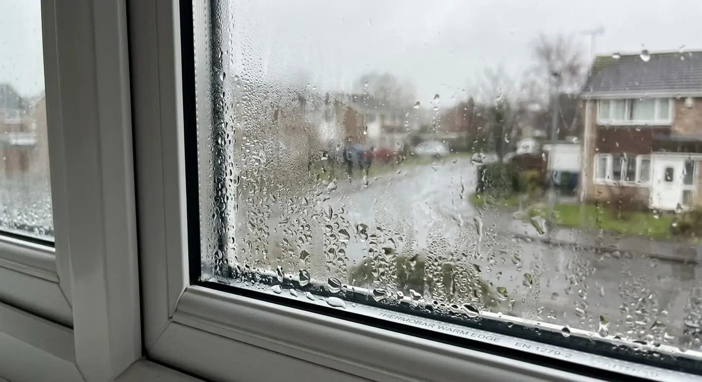 Blown double glazing seal showing condensation trapped between the glass panes in a UK home