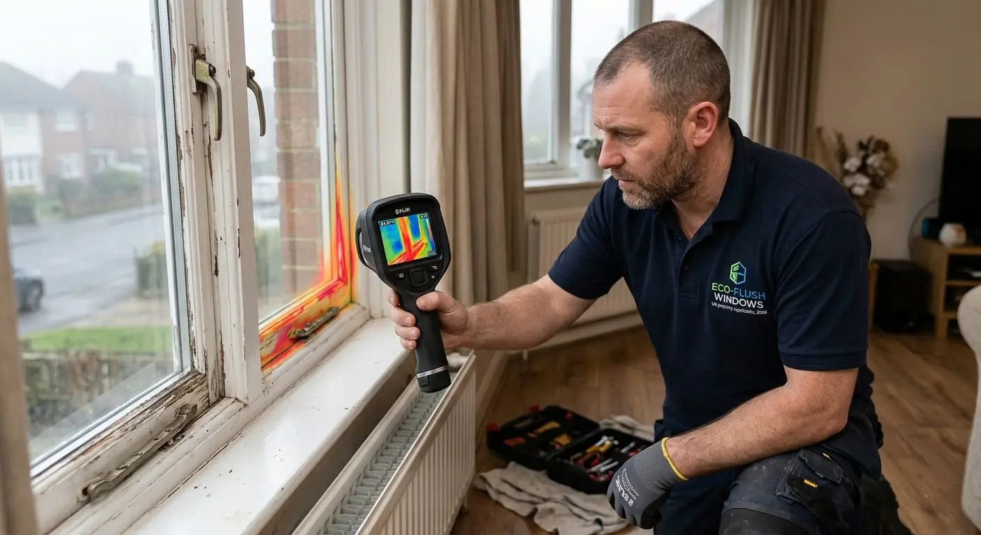 Professional window fitter using a thermal imaging camera to demonstrate heat loss on an old timber window