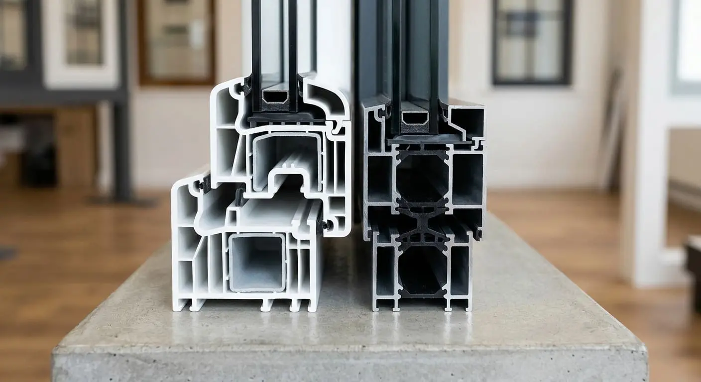 Close-up comparison of a white uPVC frame and a slim grey aluminium window frame highlighting structural differences.